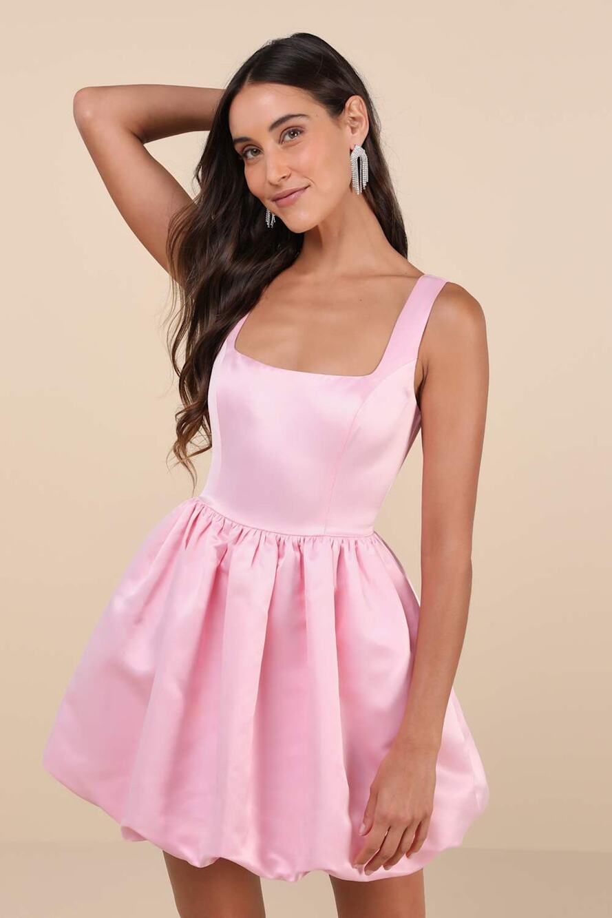 NWT Lulus Regal Cutie Light Pink Satin Square Neck Bubble-Hem Mini Dress Size M